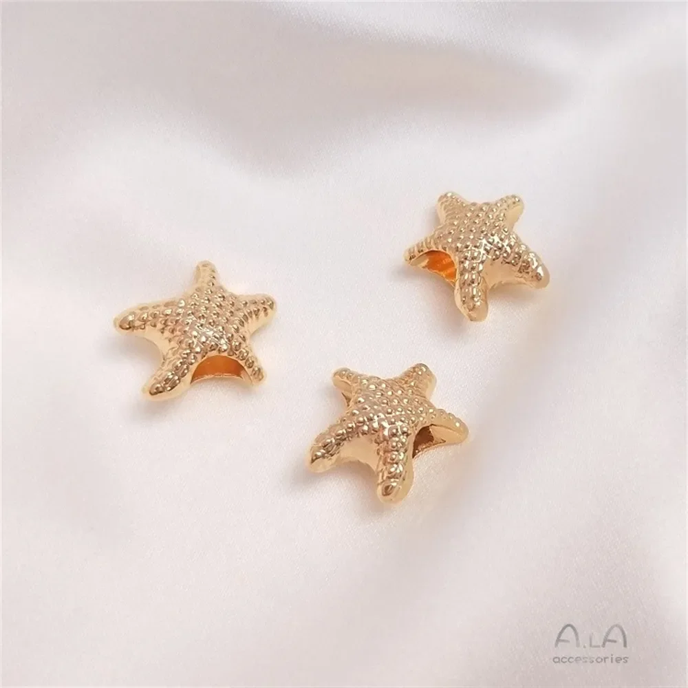 Cuentas con agujero grande de estrella de mar de cinco puntas envueltas en oro de 14K, decoración de cadena hecha a mano, estrellas grandes regordetas, accesorios de pulsera DIY