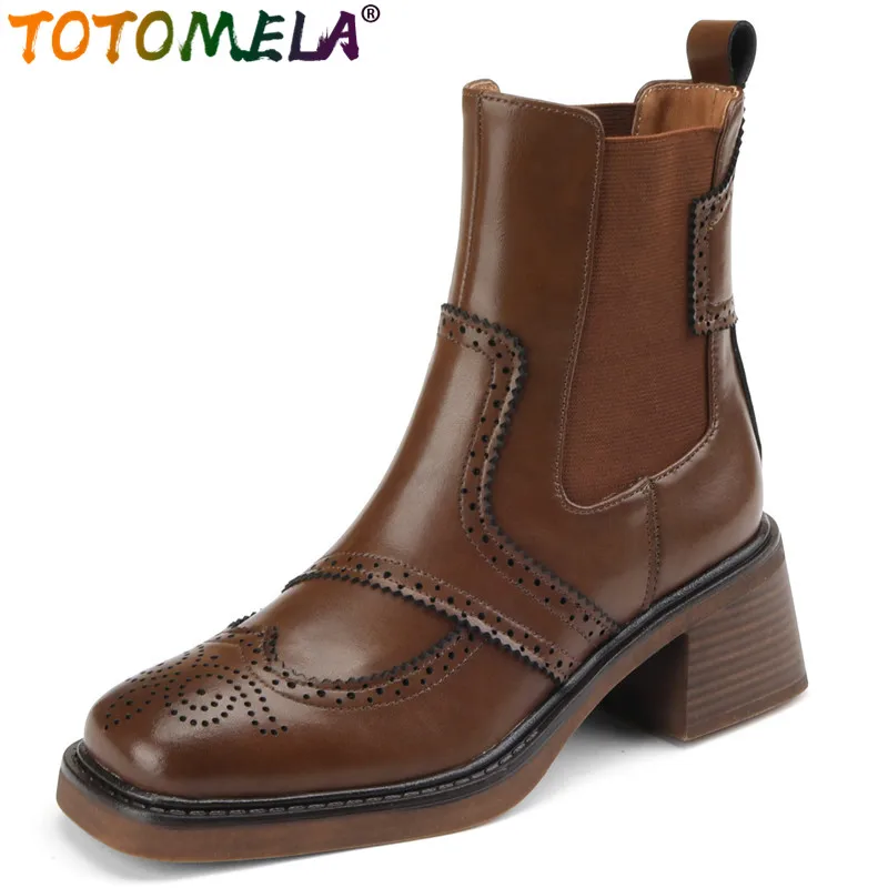 

TOTOMELA 2024 New Genuine Leather Slip On Ankle Boots Women Retro Female Platform Chelsea Boots Square Med Heels Winter Boots