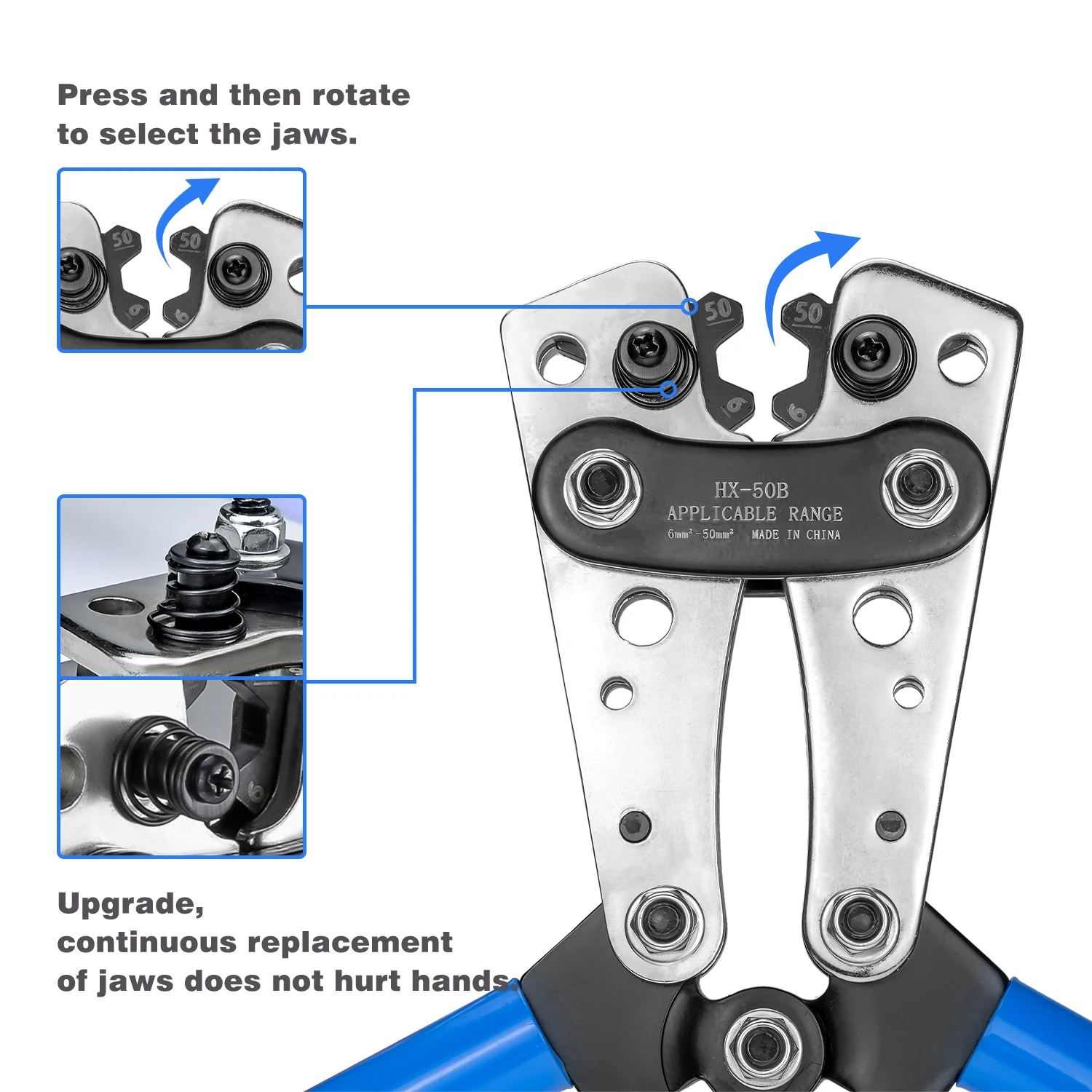 HX-50B 6-50mm² Battery Cable Lug Crimping Tool for AWG 10-1/0 Heavy Duty Wire Lug Tube Terminal Crimper Hex Crimp Tools Pliers