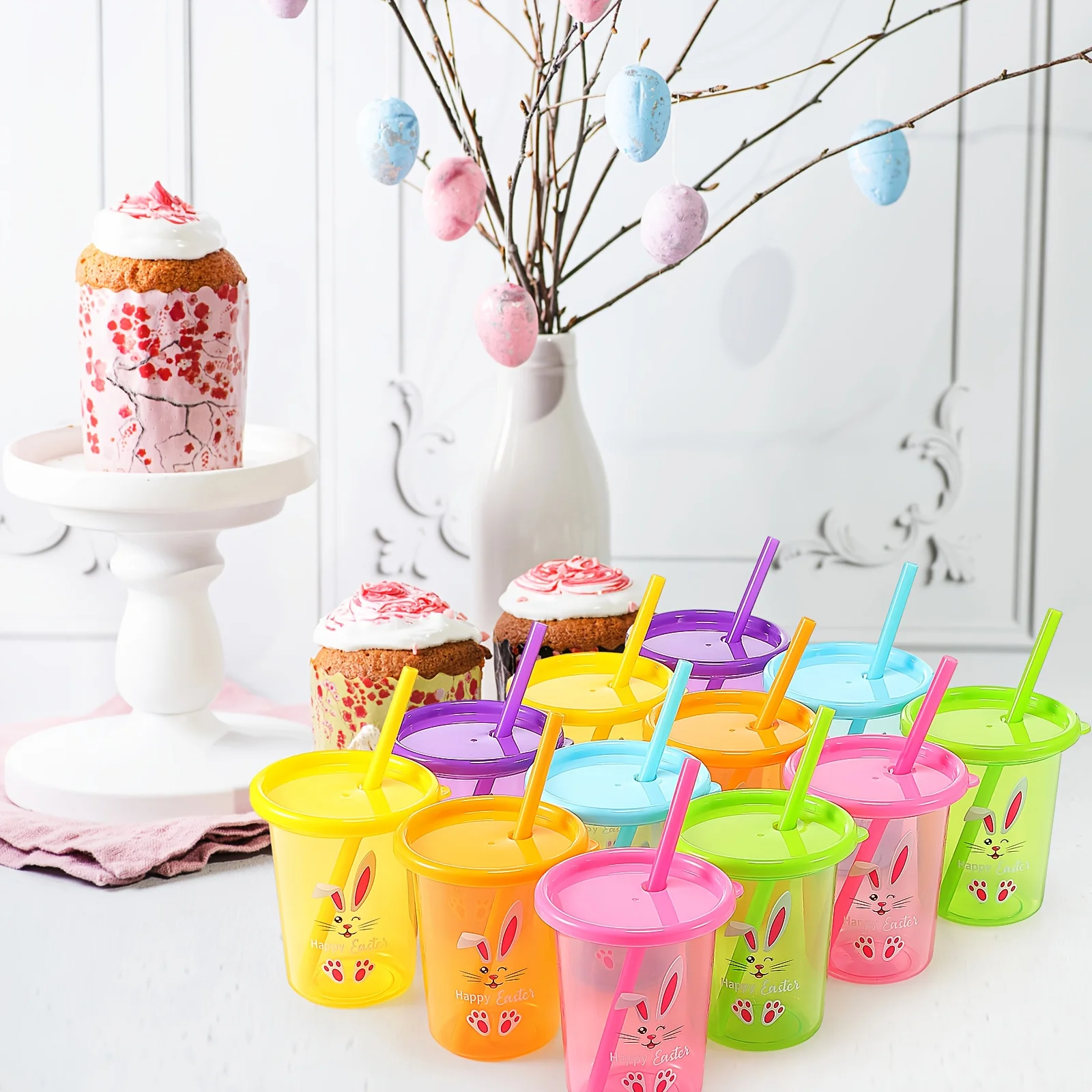 

24pcs Cute Easter Bunny & Spring Plastic Cups with Lids & Straws - Reusable Color-Changing Tumblers, Pastel , , Yellow, Green, Orange, Purple, with Bunny Ears & Floral Patterns for Easter Egg Hunt, Birthday Party, Spring Celebrations - Food-Safe & Hand Wa