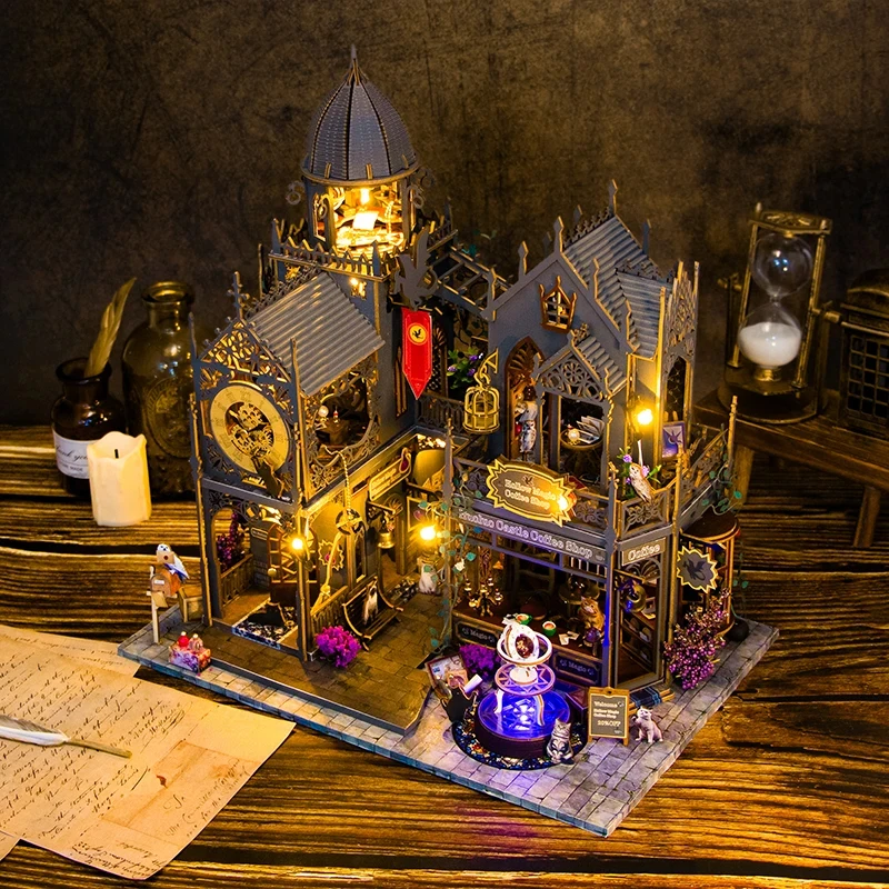 

OUZEY Wooden Huoluo Castle Cottage Dollhouse Miniature Model Kit DIY with Furniture Lights for Kids Friends