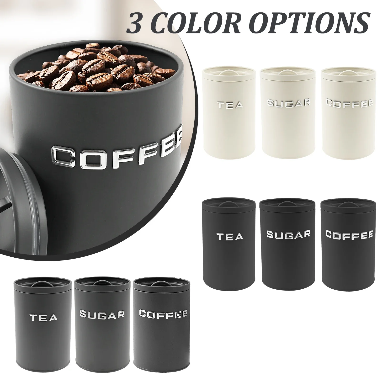3 Pcs Tea Coffee Sugar Canister Jar Metal Round Kitchen Container with Airtight Lid Moisture Proof Coffee Beans Storage Jar