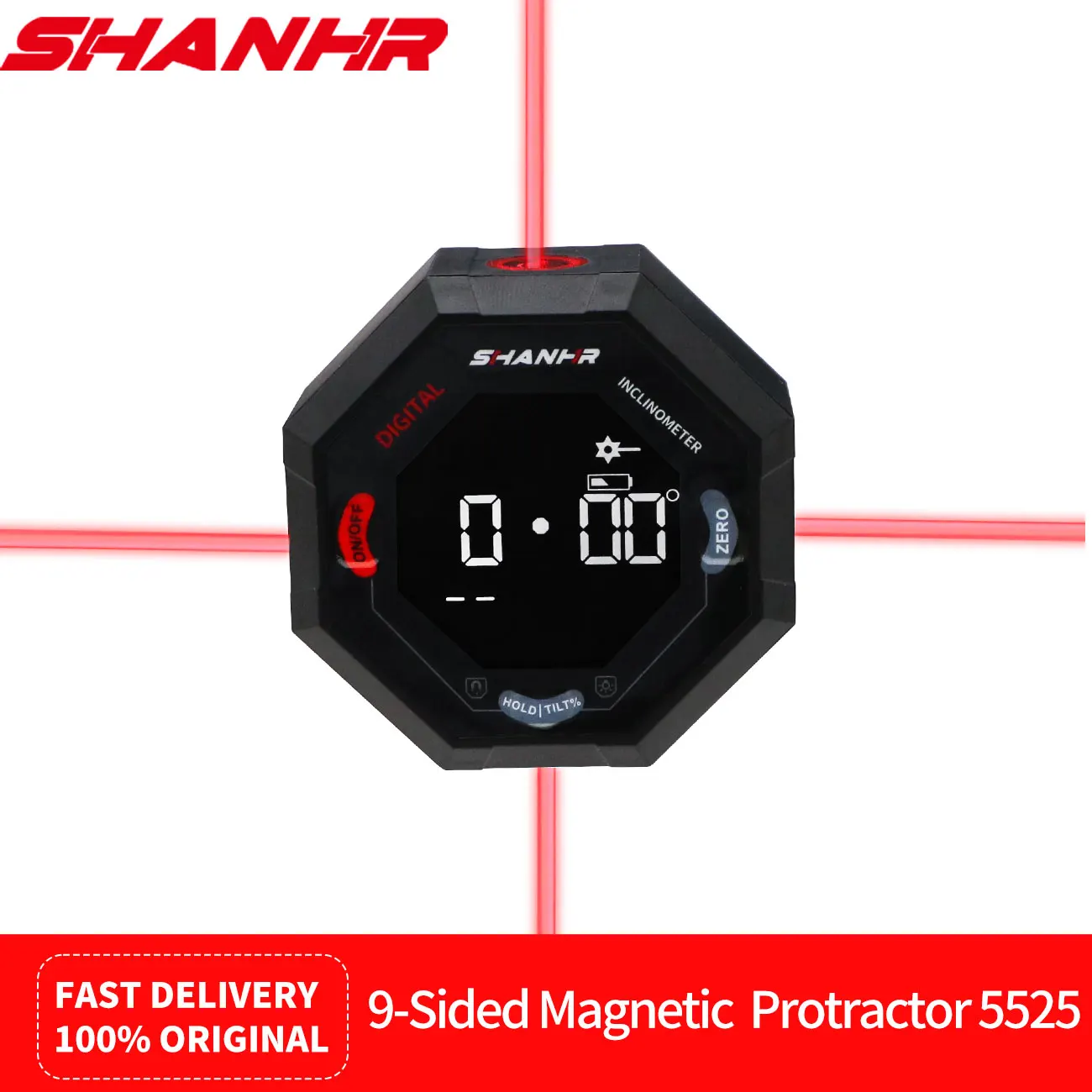 SHANHR Oktagon Digitaler Winkelmesser mit 4-Seiten-Laser, 9-Seiten-Starker Magnetischer Neigungsmesser, 360° °   Elektronischer Winkelmesser
