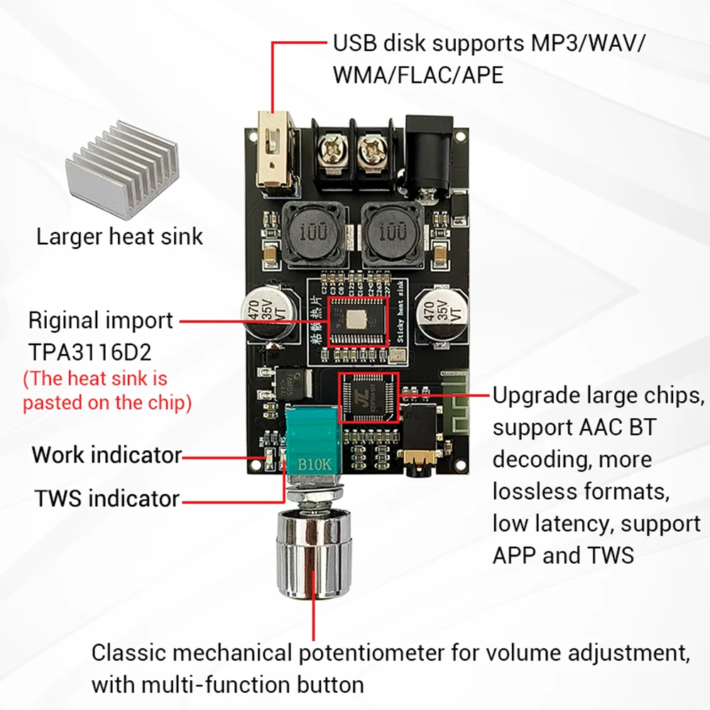 ZK-1001B Mono 100W Bluetooth 5.1オーディオパワーアンプモジュールDC7-24V TPA3116 TWSボックス機能付き