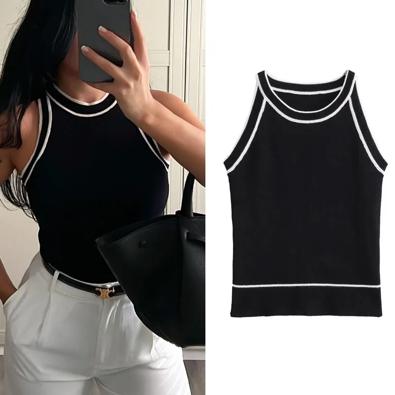 TRAF Tops for Women 2023 Crop Top Black Sexy Sleeveless Knitted Fabric Women\'s Vest Tank top Female youthful women\'s clothing