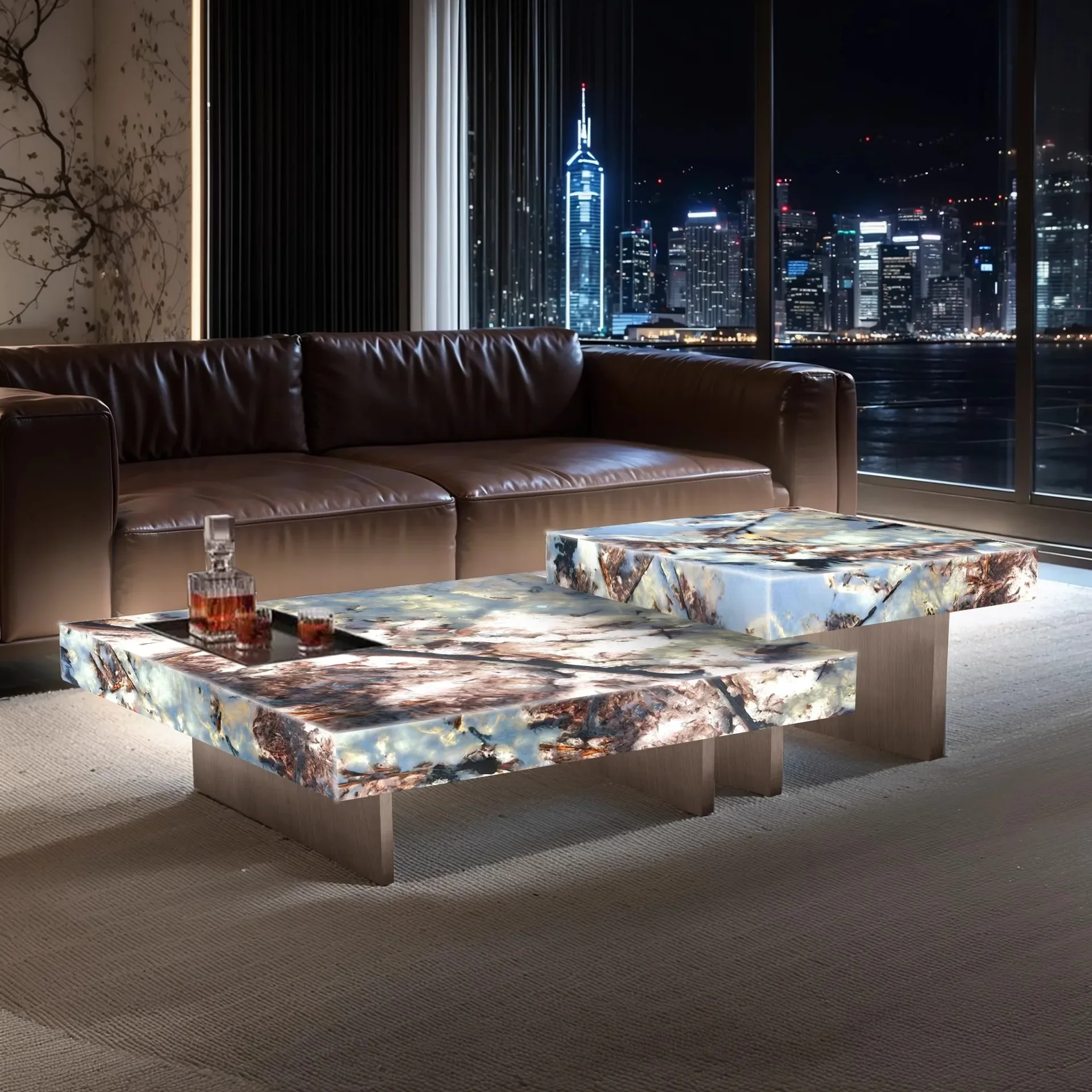 Box coffee table combination living room square jade luxury stone light luxury large flat Nordic mansion villa marble pattern