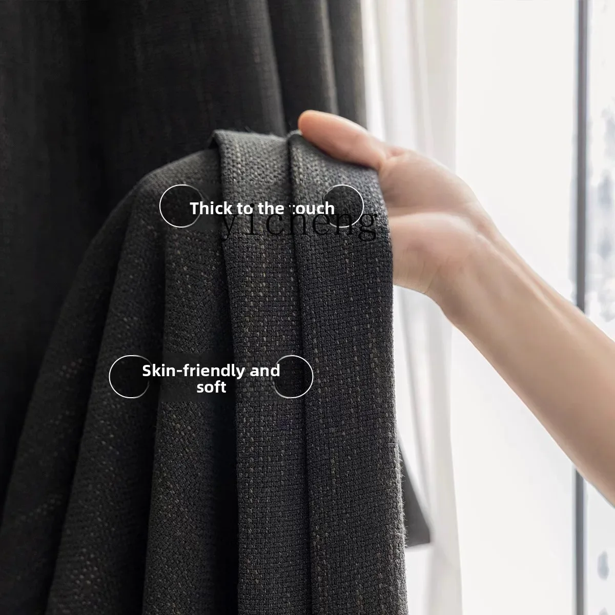 

XL1 Custom Chenille Pure Black Cotton Linen Curtains Full Blackout Heat Insulation Sun Protection
