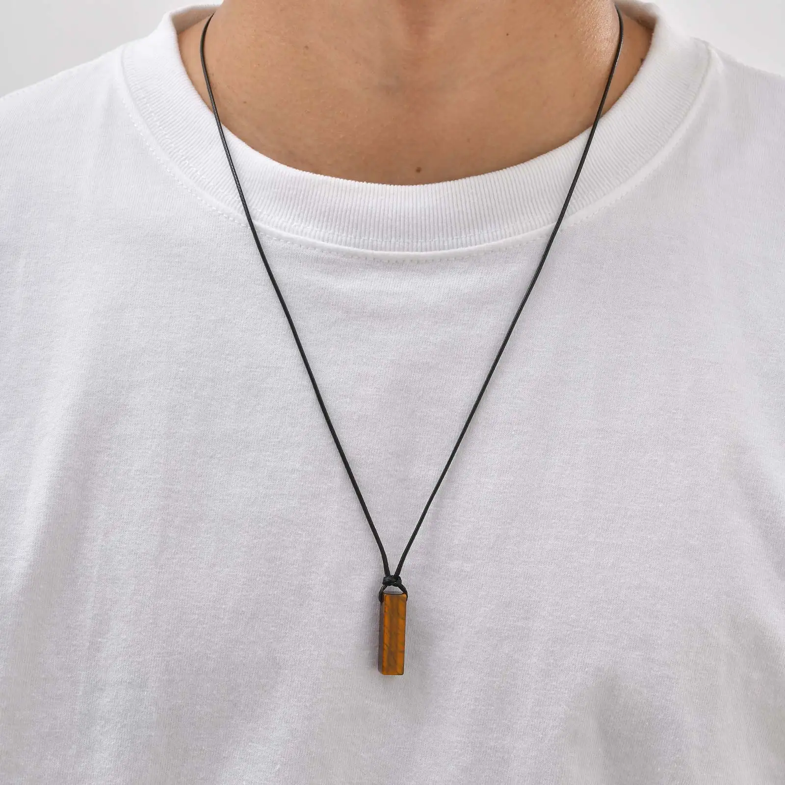 Retro Tigerauge Naturstein Anhänger Halskette für Männer, verstellbarer langer Wachsseil grüner Stein quadratischer Anhänger, Modeschmuck – Detail 3