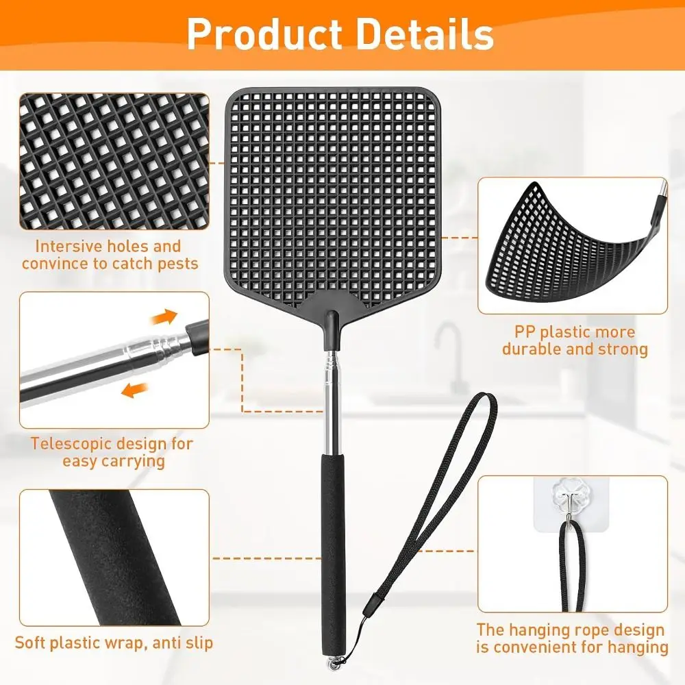 New Black Telescopic Fly Swatters Stainless Steel Handle Flyswatter Heavy Duty Plastic Fly Swatter for Indoor Outdoor Classroom
