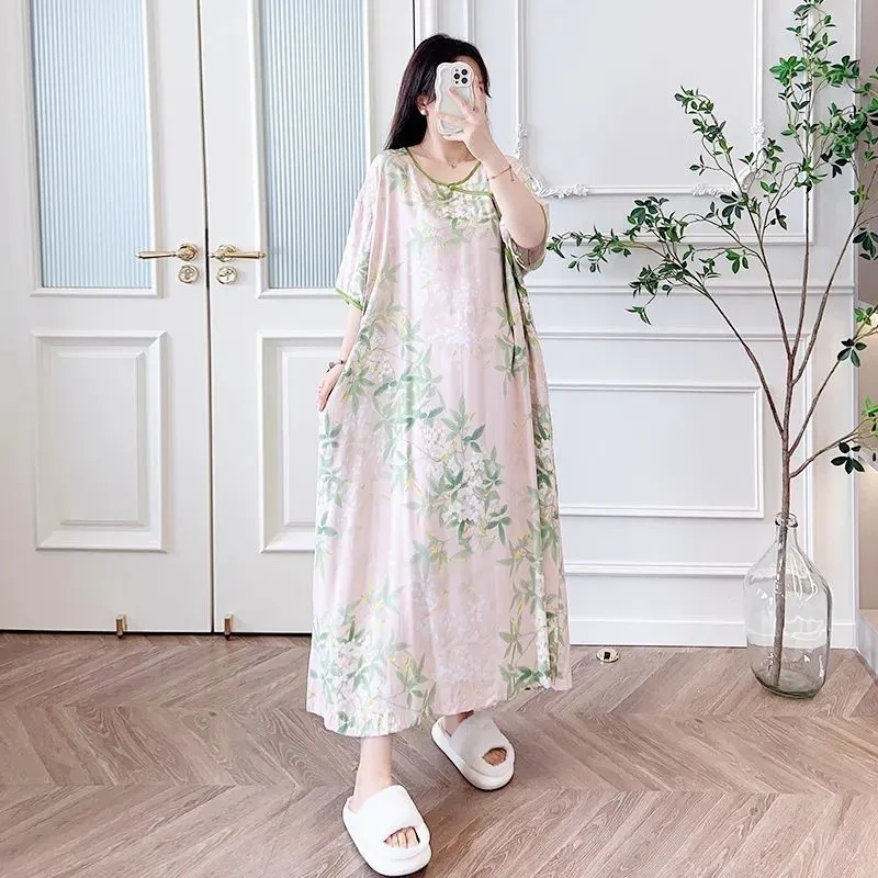 

Pregnant Women's New Chinese Style Sleeping Skirt Maternity Summer Short Sleeve Thin Dress Pregnant Women's Long Dress LH054