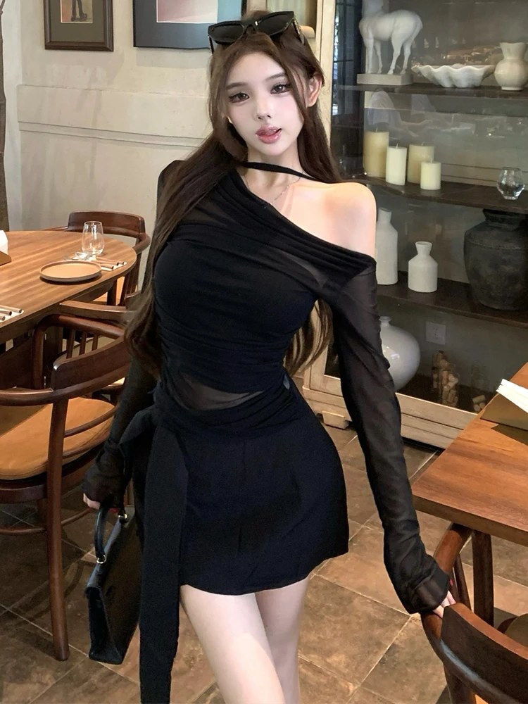 Sexy Shoulder Bared Long Sleeve T Shirt And Mesh Skirt Set Slimming Bodycon mid Thigh Length Breathable Casual Wear for Women