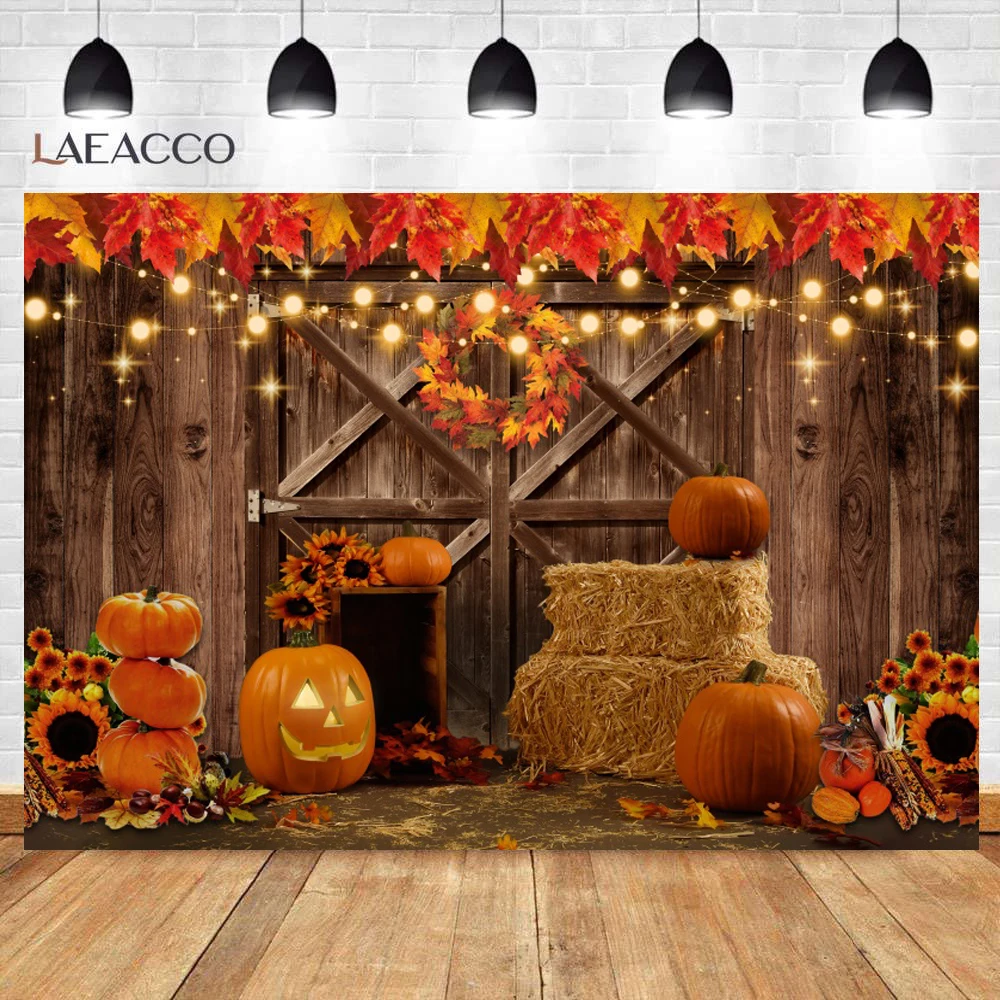 

Fall Autumn Halloween Backdrop Farm Barn Pumpkin Harvest Hay Forest Maple Leaves Brown Wood Board Photography Background