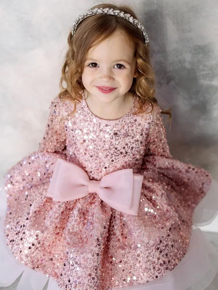 Vestido de lentejuelas para niña, vestido de pastel con lazo grande para bebé, vestido de princesa para niños, nuevo