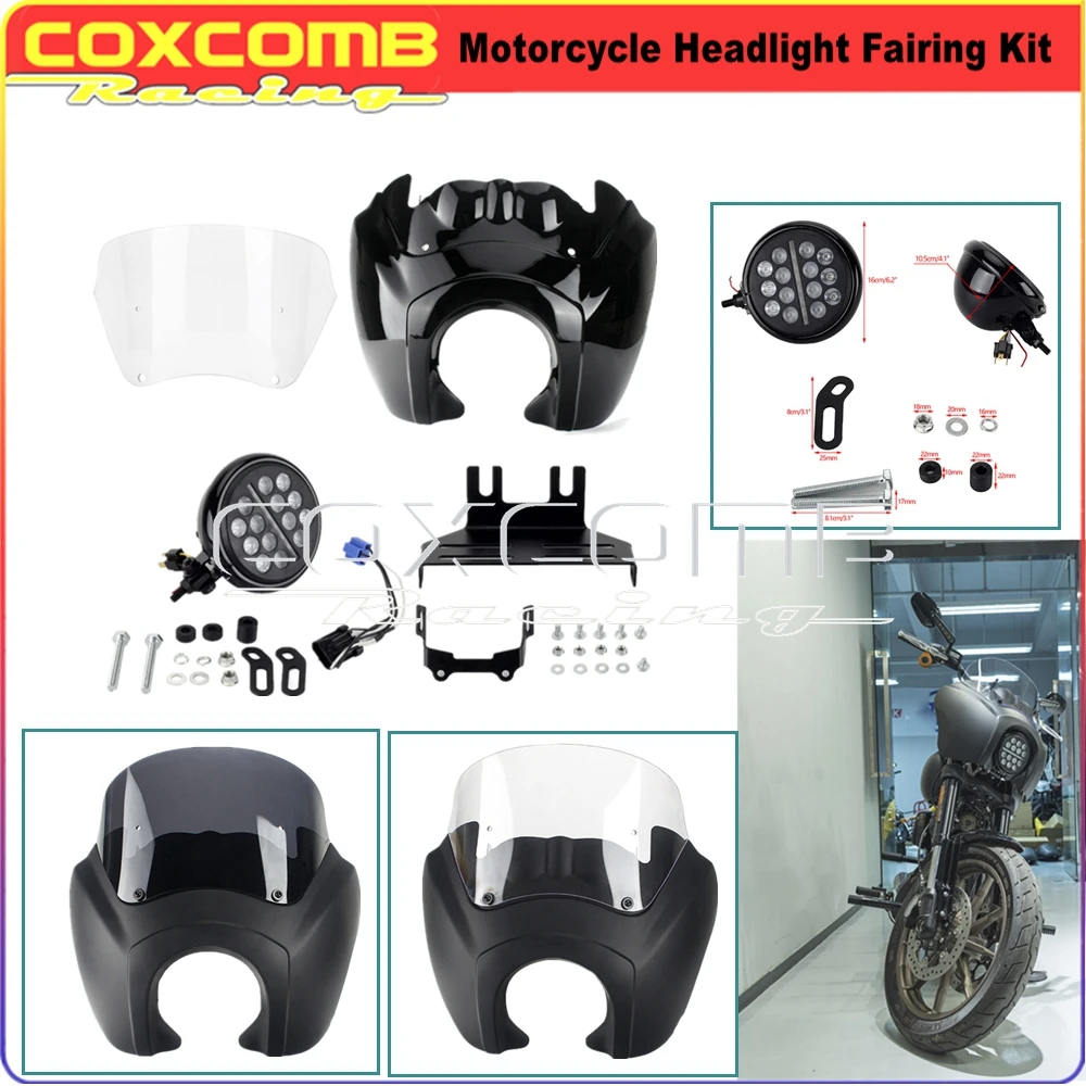 Motorcycle Fairing Windshield Kit For Harley Softail Low Rider S FXLRS 20-22 w/5.75'' LED Headlight + Bracket + Bezel Trim Cover