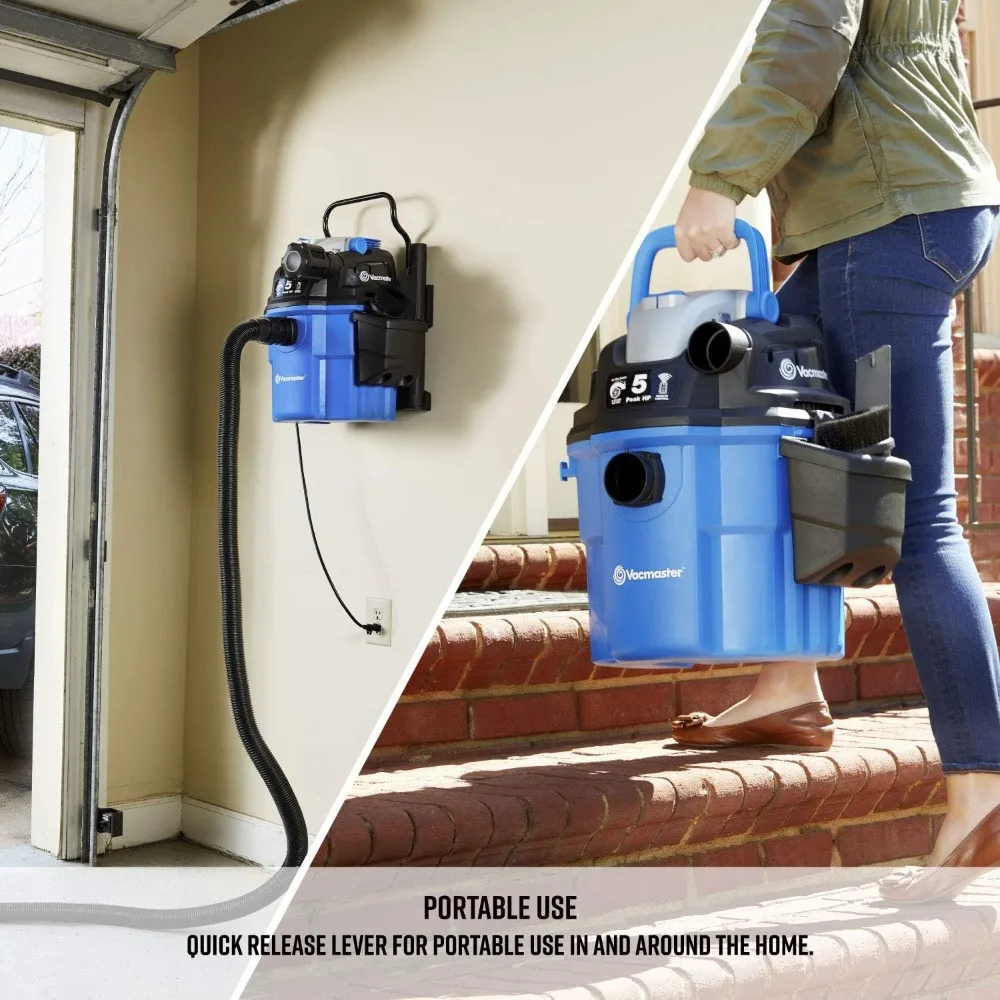 مكنسة كهربائية رطبة/جافة مثبتة على الحائط بسعة 5 جالون وسعة 5 حصان مع جهاز تحكم عن بعد، باللون الأزرق