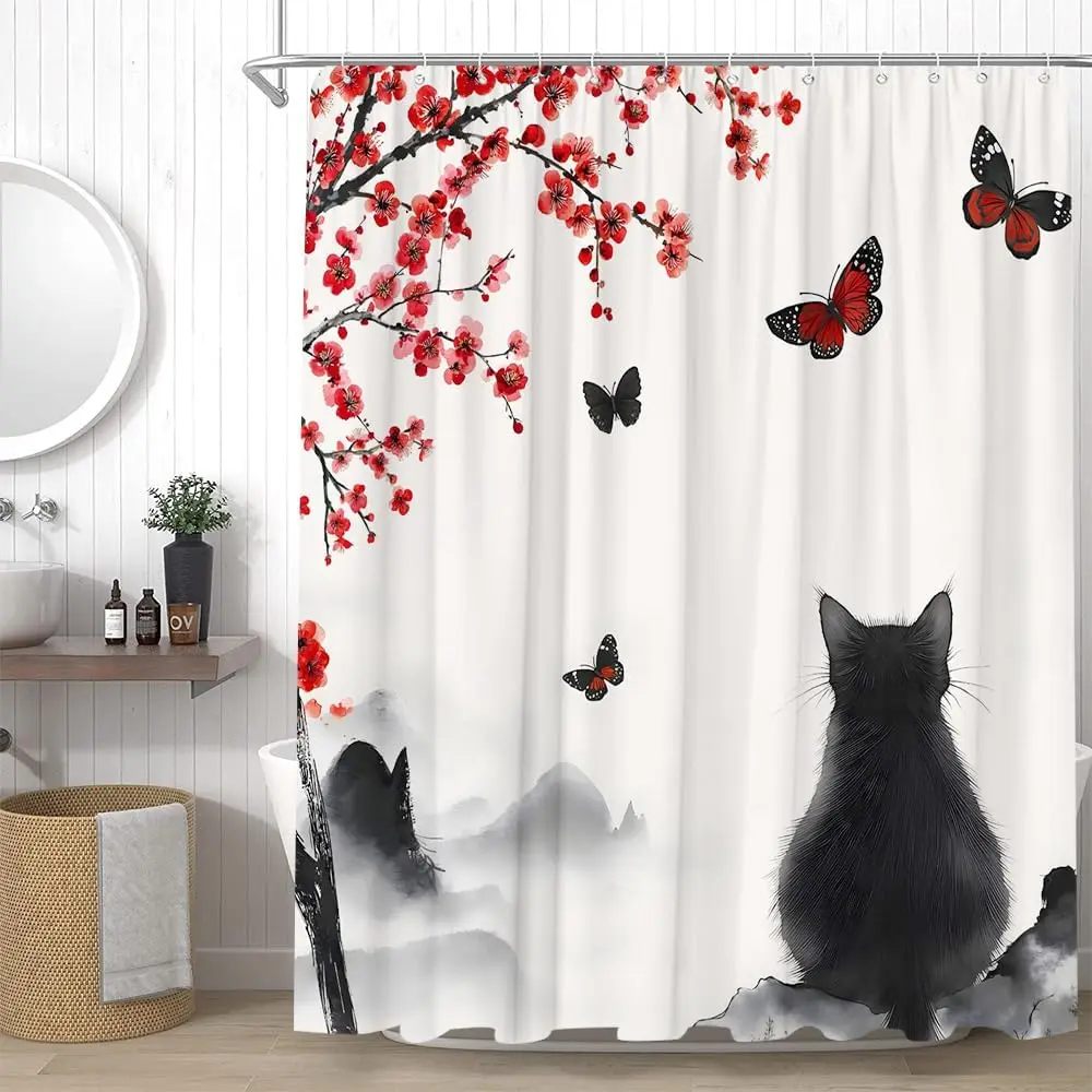 

Japanese Shower Curtain Asian Style Traditional Ink Painting Cherry Blossom Plum Black Cat Vintage Bathroom Decor Curtains Set
