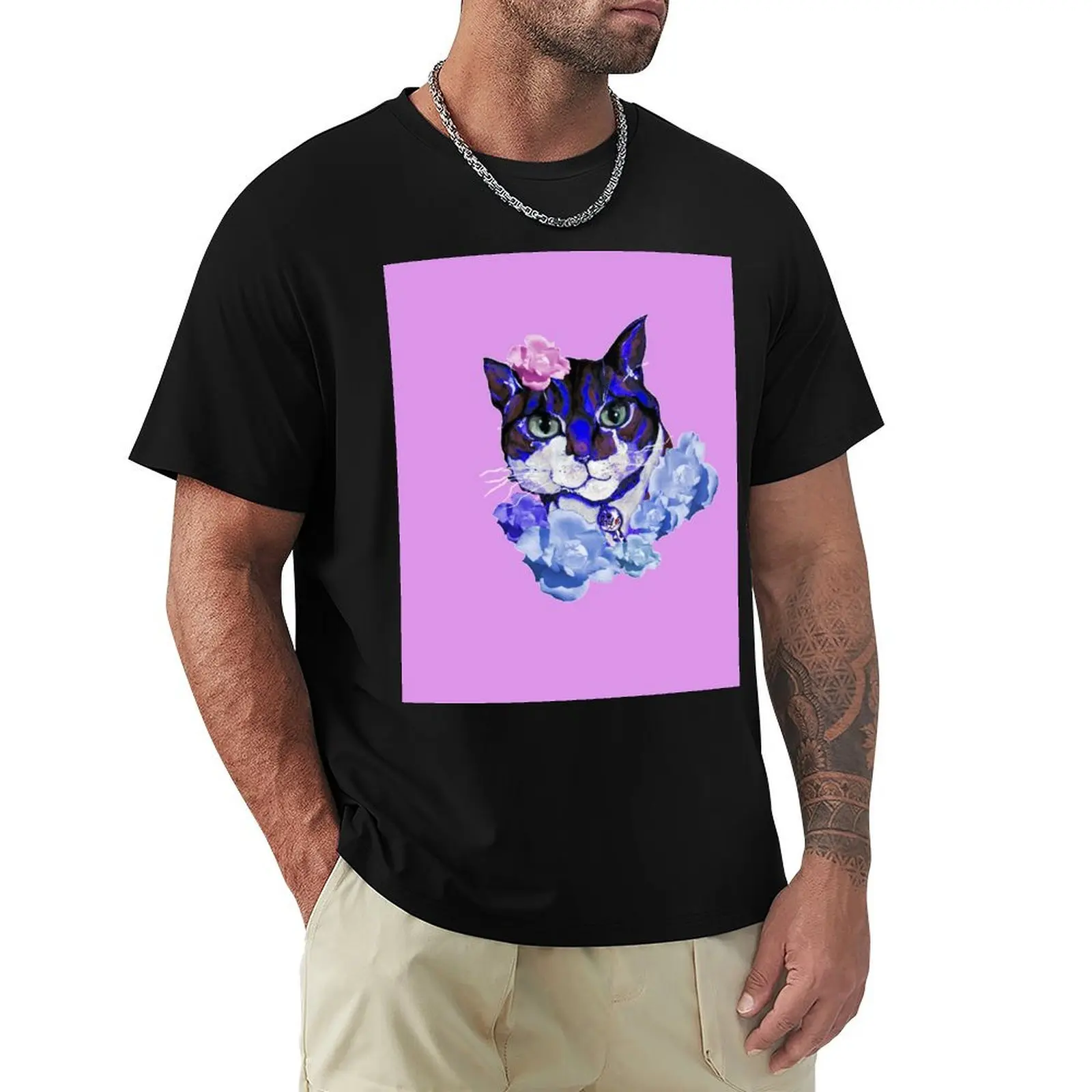 

Vintage Cat and Roses T-Shirt Casual Soft Cotton Short Sleeve Tee
