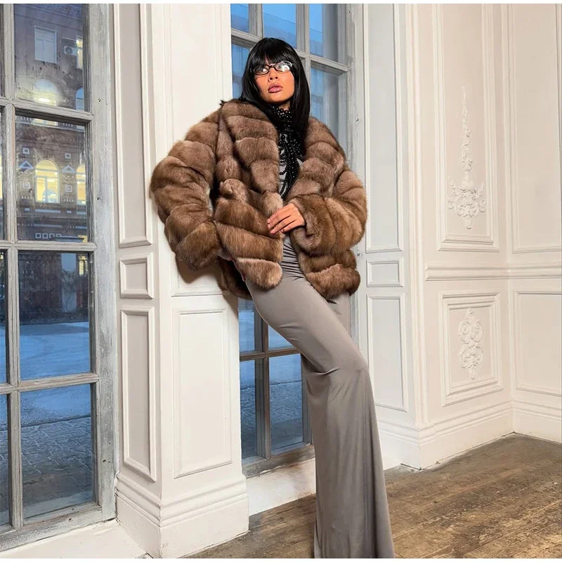 Women Patchwork Faux Fur Coat Elegant Contrast Full Sleeve Lapel Loose Long Staple Plush Jacket Winter High Street Outerwears
