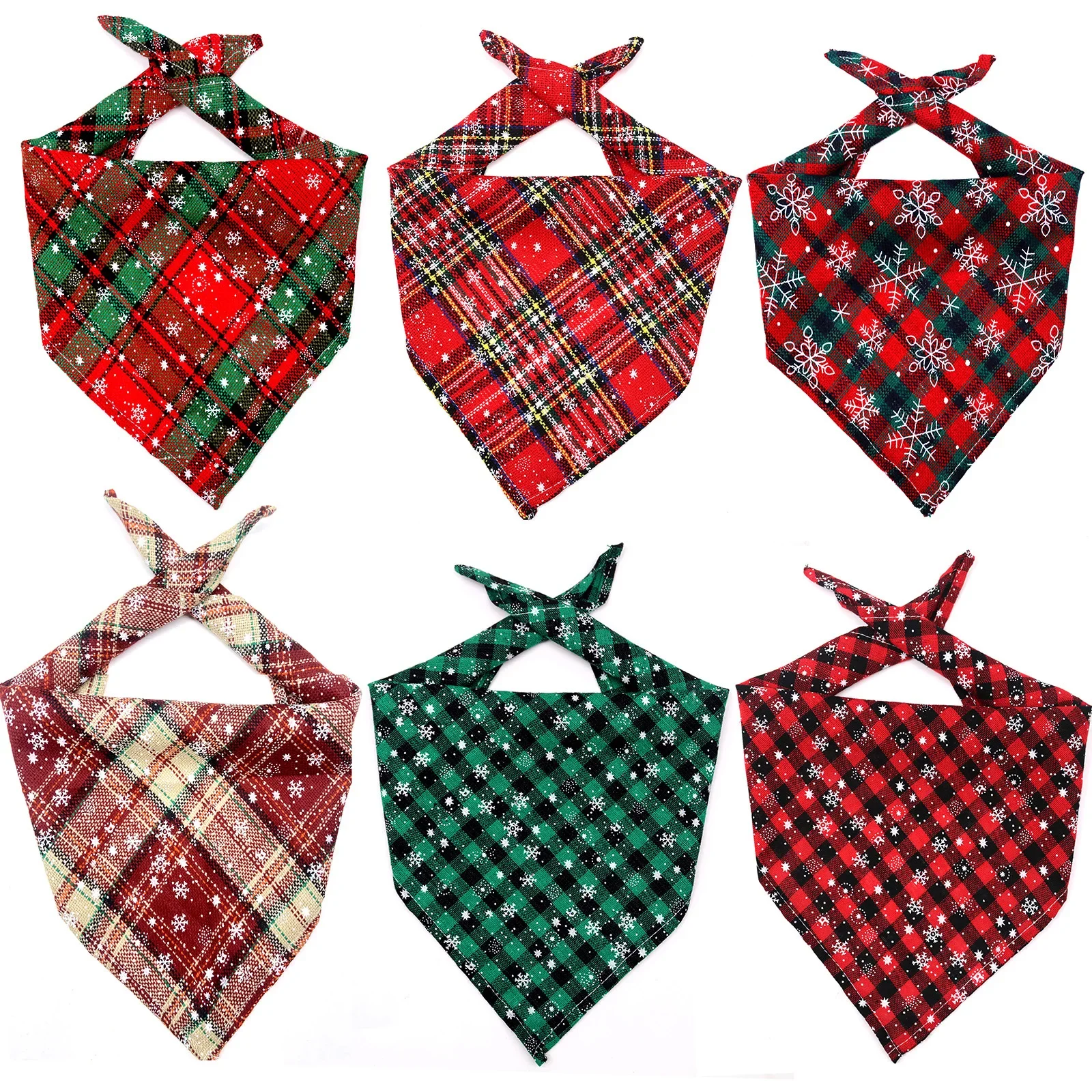 10pcs Wholesale Pet Christmas Triangle Plaid Snowflake Cotton Xmas Bandanas for Small Dog Pet