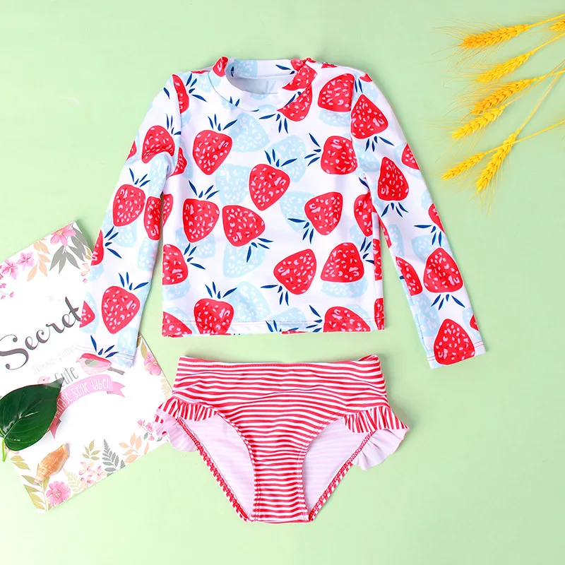 Summer Girls Two-piece Swimsuit Long Sleeve Cute Cartoon Strawberry Striped Sunscreen Quick-Dry Beachwear Baby Vacation Swimwear