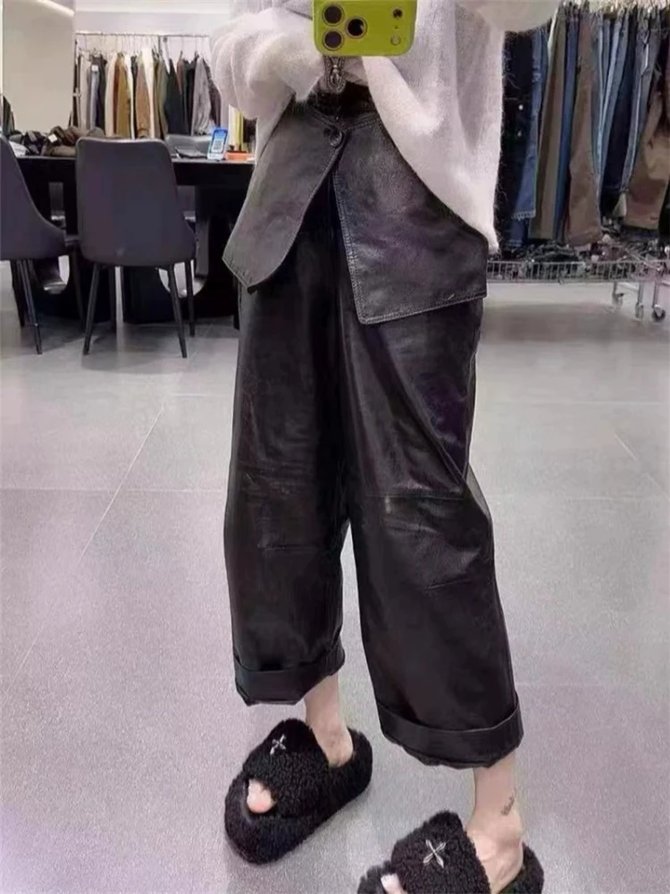 Trousers Women Autumn Winter High Waist Faux Layered Loose Straight Casual Protein Pu Leather Slimming Versatile Wide Leg Pants