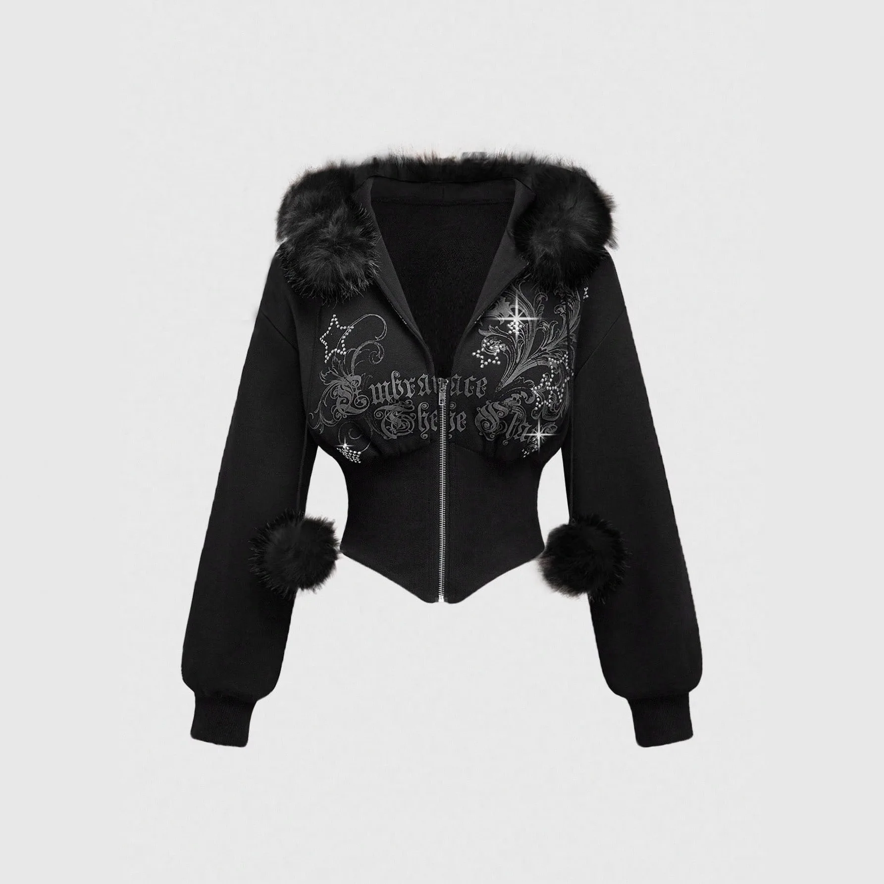 2026 Women's American Retro Faux Fur Trim Hoodie Zip Up Corset Waist Cropped Jacket For Spring Autumn view 3