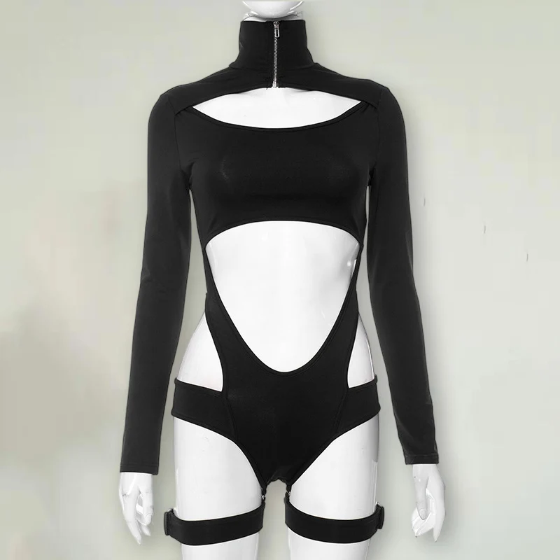 

Sexy Gogo Dance Costume Black Nightclub Bar Dj Dancewear High Neck Long Sleeve Jumpsuit Cut-Out Leg Strap Outfit Pole Wear 4796