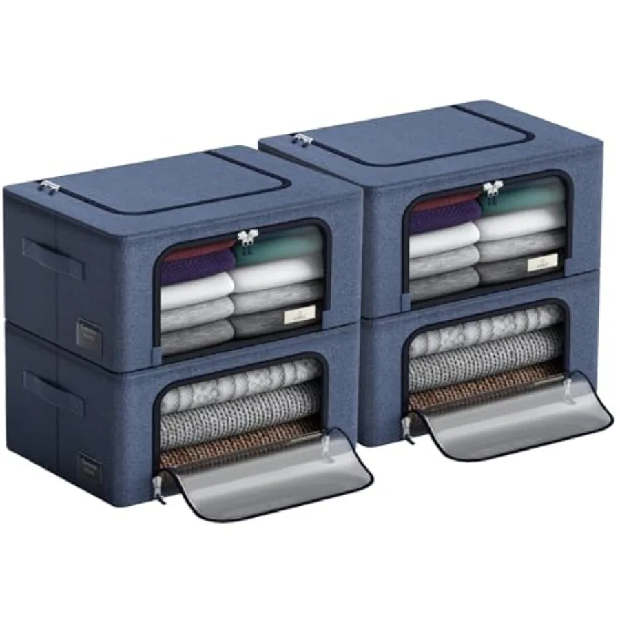 

Storage Bins with Metal Frame - Stackable and Foldable Clothes Organizer Bags - Oxford Fabric Storage Containers with Large Cle