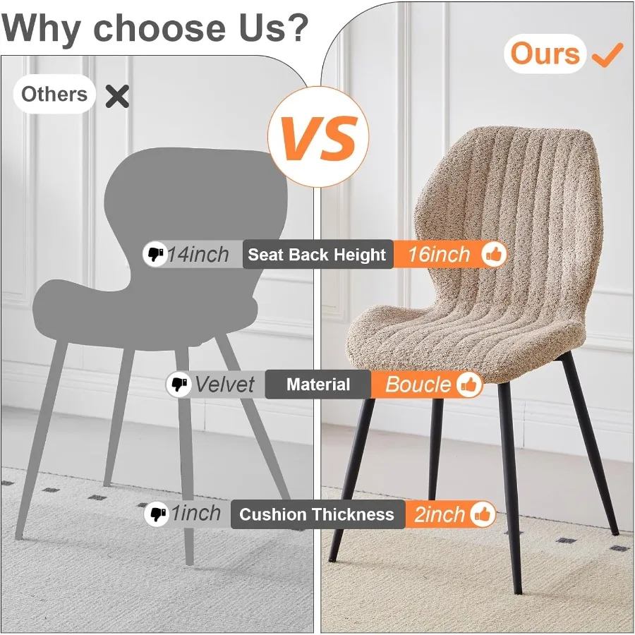 مجموعة كراسي تناول الطعام من Boucle مكونة من 4 كراسي مطبخ منجدة حديثة وبسيطة مع ظهر محيطي وأرجل معدنية باللون البني #4