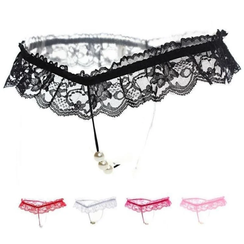 Women Sexy Lace Panties Open Crotch See Through Thong G-Strings with Pearl Massage Pink Pearl Bead Panties Crotchless Erotic 18x