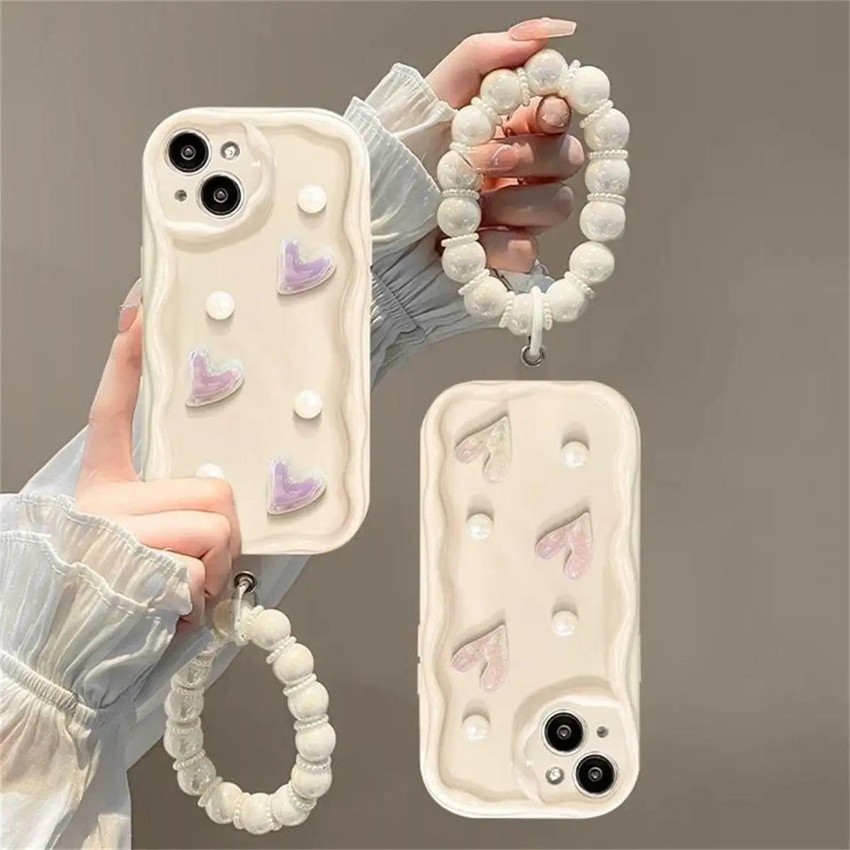 3D Laser Love Heart Pearl Chain Case For Samsung Galaxy A05 A05S A02 A02S A03 Core A04 A04E A10 A11 A13 A14 S24 Cover Luxury