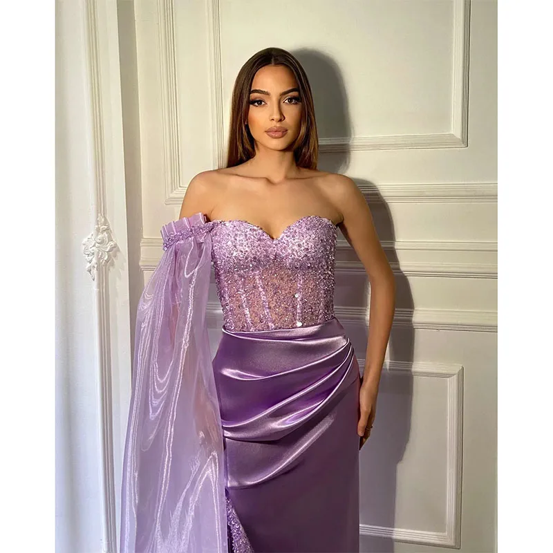 Sexy Lavender Sequins Evening Dresses Sweetheart Formal Party Prom Dress Pleats Split Dresses for Special Occasion