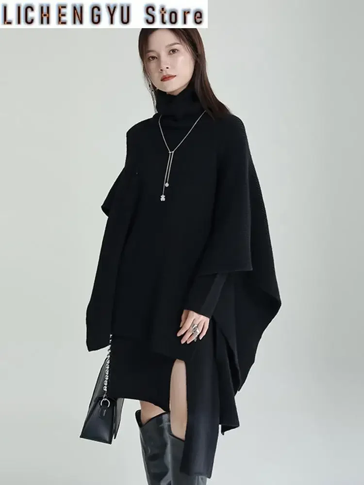 

Women Gray Irregular Design Knitting Dress New Turtleneck Long Sleeve Loose Fit Fashion Tide Spring Autumn