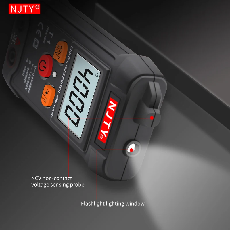 NJTY T1 Mini Digital Multimeter 4000 Counts Auto Ranging TRMS AC/DC Voltage resistance NCV with Backlight+flashlight Multi metro