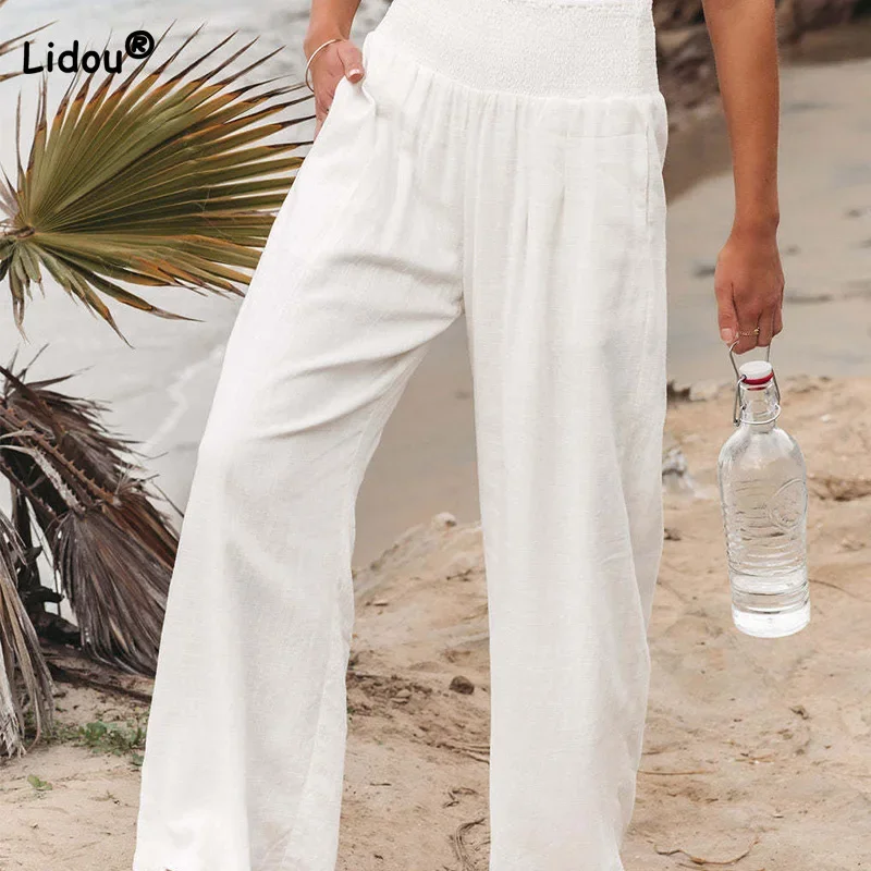 Spring Summer for Women 2022 New Women Pants Office Lady Cotton Linen Pockets Solid Loose Casual White Wide Leg Long Trousers