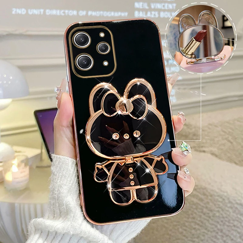 Redmi12 Make Up Mirror Rabbit Plating Phone Holder Case For Xiaomi Redmi 12 Note 12s 12 Pro Plus 4G 5G 12C Turbo Stand Cover