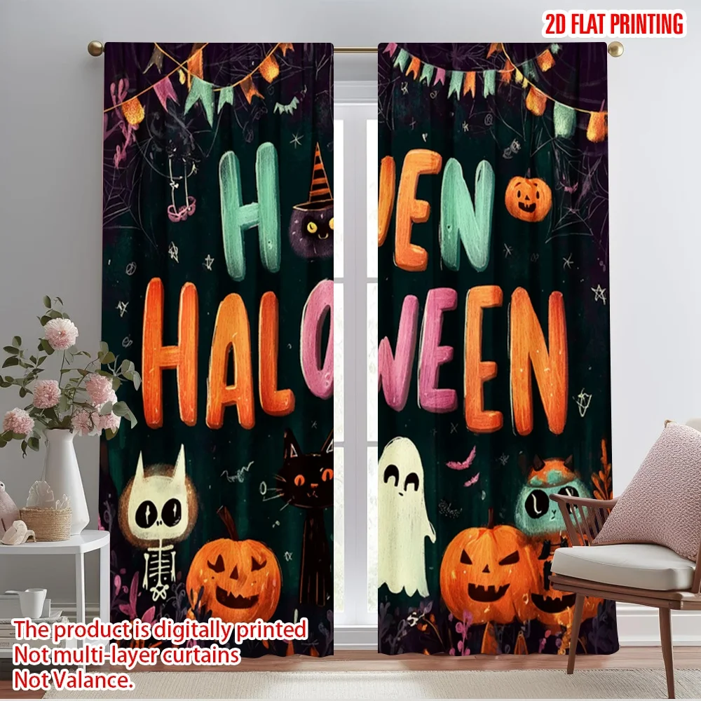 2pcs,2D plane printing Curtain Popular Halloween Spookfest 2D Printed Polyester Easy Install (without rod) Holiday Ldeal for
