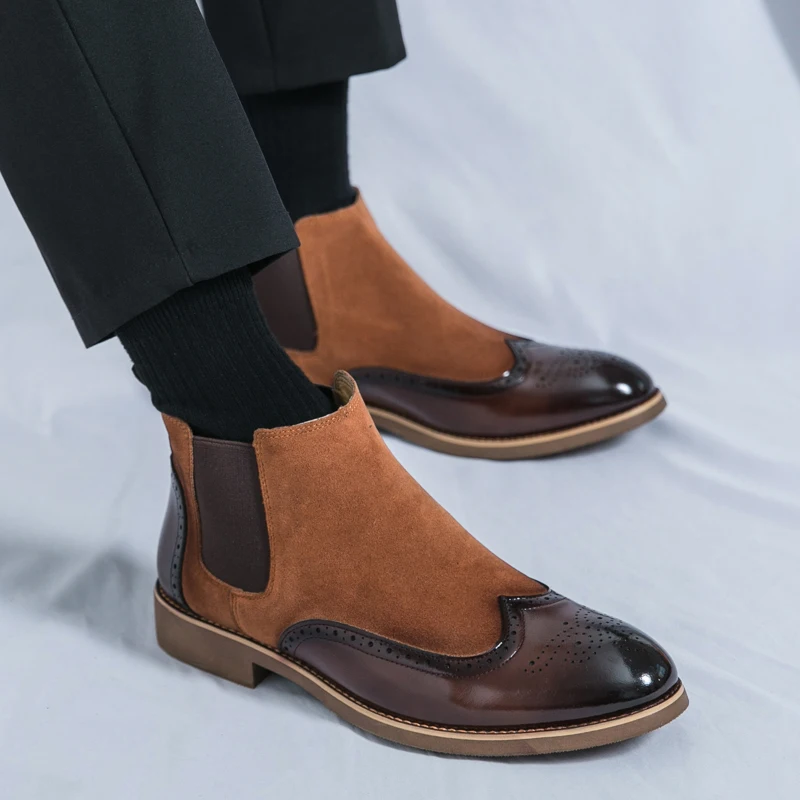 Elegant Men's Pointed Toe Ankle Boots Mixed Patchwork Casual High-Tops Punk Rock Trend Shoes