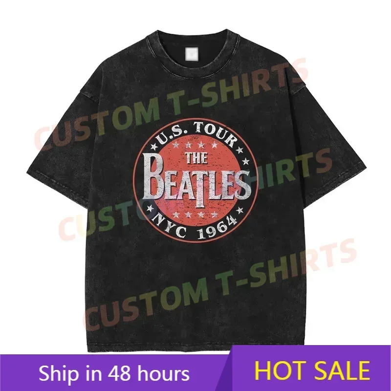 

2025 Summer Vintage Cotton Washed Rock The Beatle 1964 North American Tour T-Shirt Loose T Shirts Men Y2K Hip Hop Top Tee