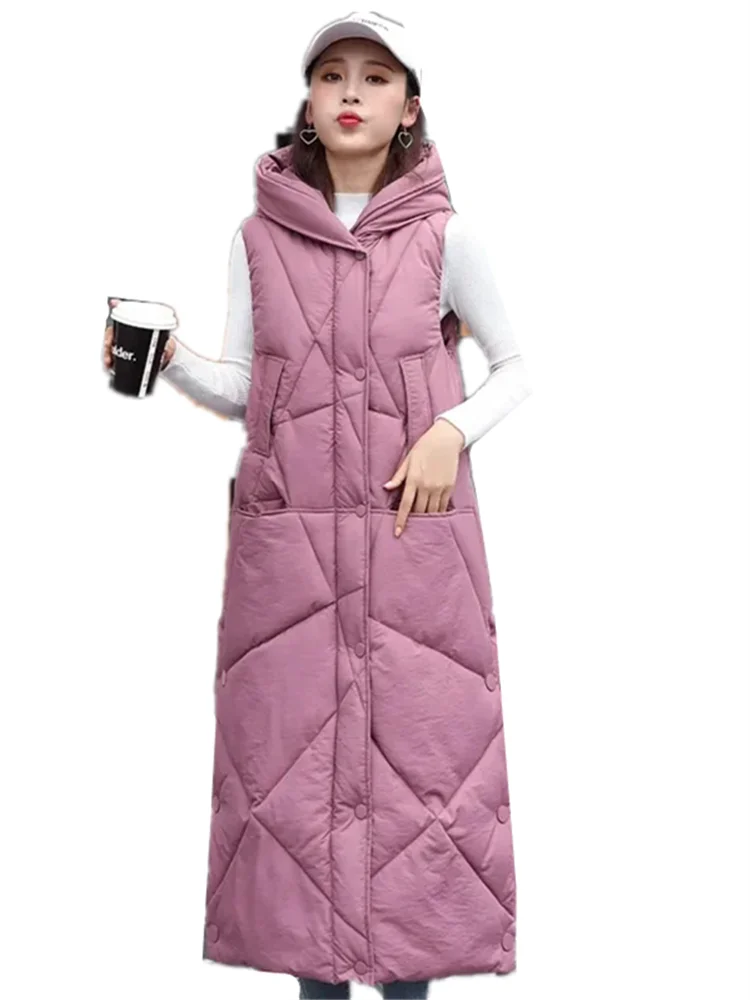 2025 new Down Cotton Vest Women Autumn Winter Hooded Puffer Parkas Long Sleeveless Coat Female loose Warm Waistcoat tide T584