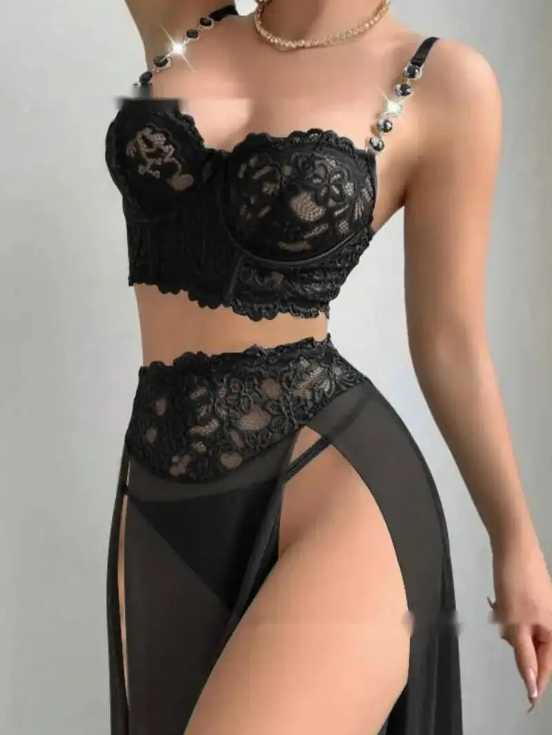 

Hot Sale New Sexy Spliced Lace Women Thin Shirt Sets Transparent Solid Color Backless Deep V Sleeveless Skirt Sets Charming F37O