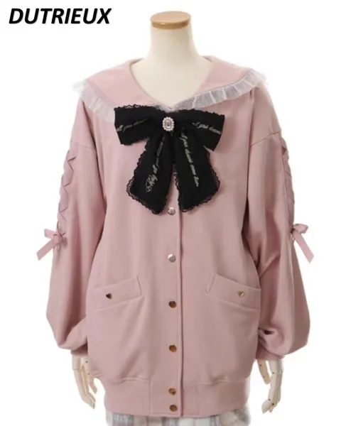 

Japanese Style Mass-Produced Bow Sweet Sail Collar Long Sleeve Sweatshirt Coat Single Breasted Mid-length Cardigan Hoodies