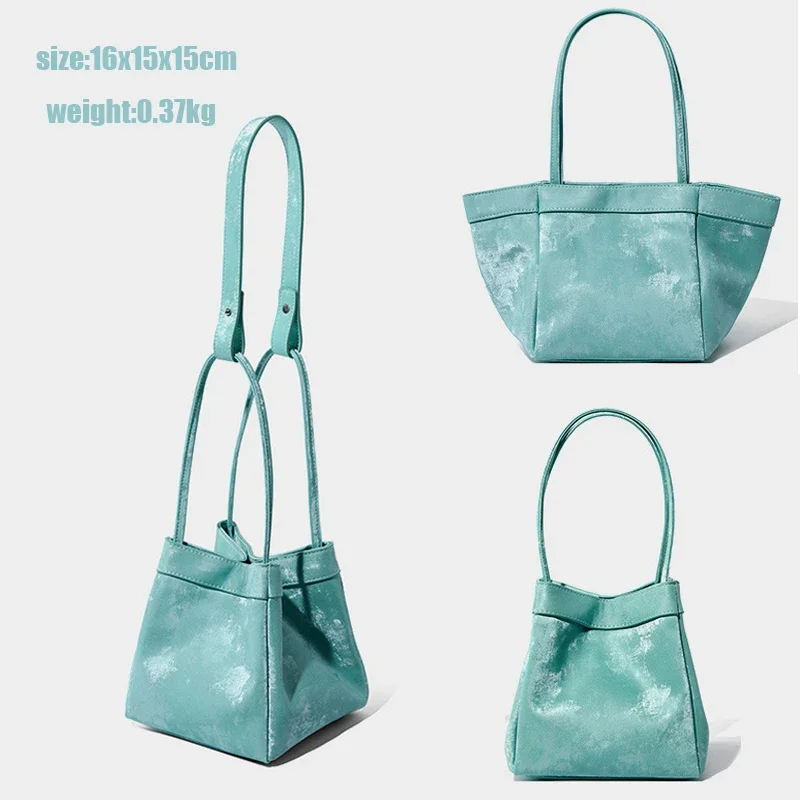 Fashion Silk Women Bucket Bag Luxury Suede Leather Female Party Handbag Multiple Lady Shoulder Bag with Top Handles