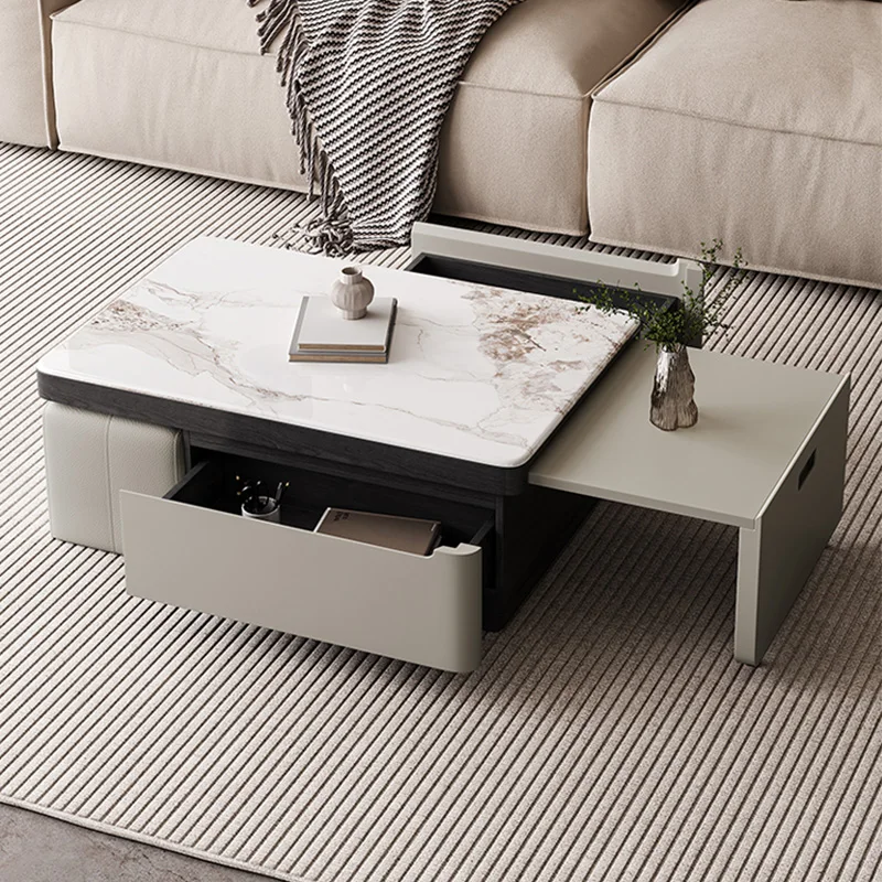 

Expandable Coffee Table with Storage Drawer Modern Living Room Center Table with Hidden Stools Simple Tea Tables for Small Space