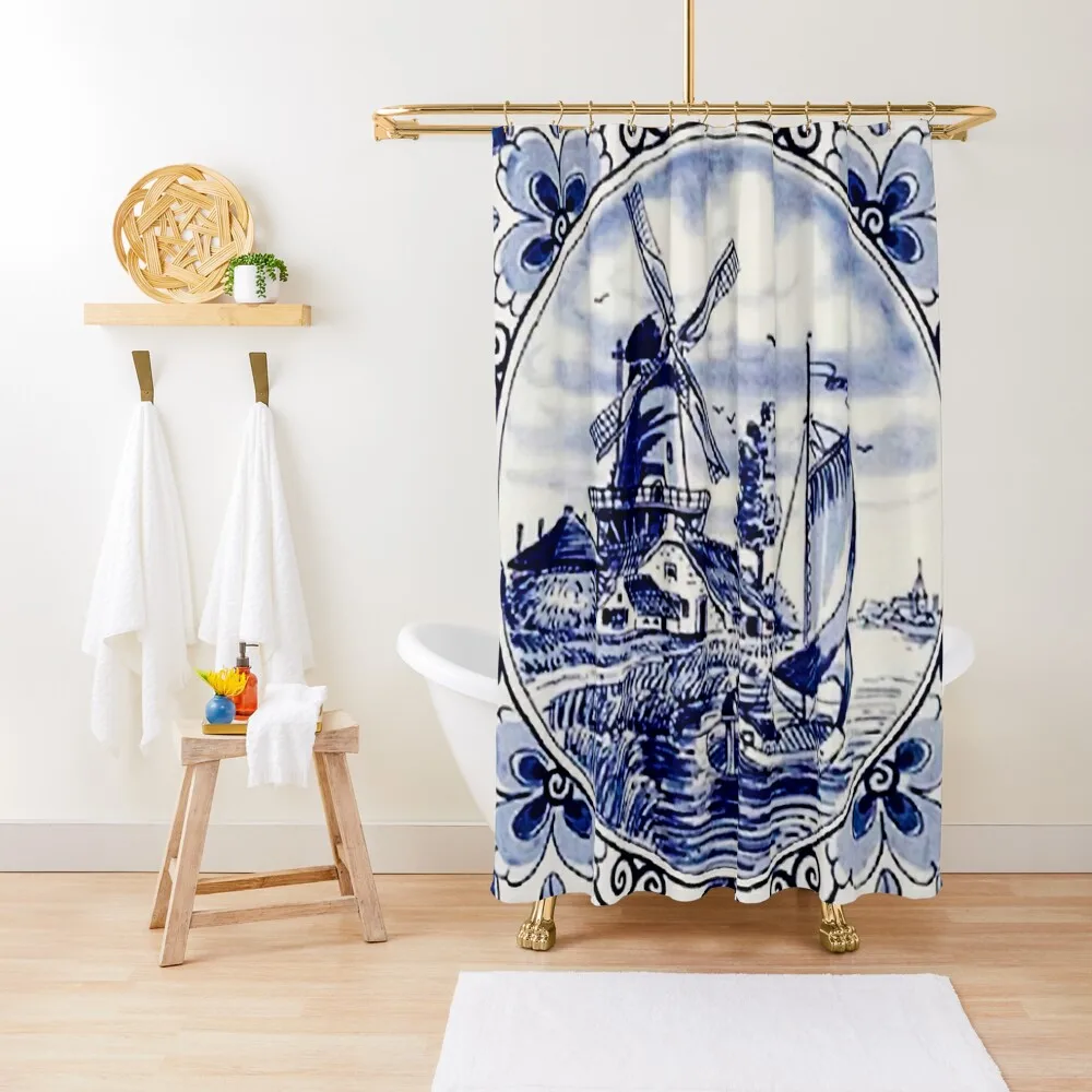 

Vintage Windmill Poster In Dutch Blue Delft Shower Curtain Anime Bathroom For Bathroom Curtain