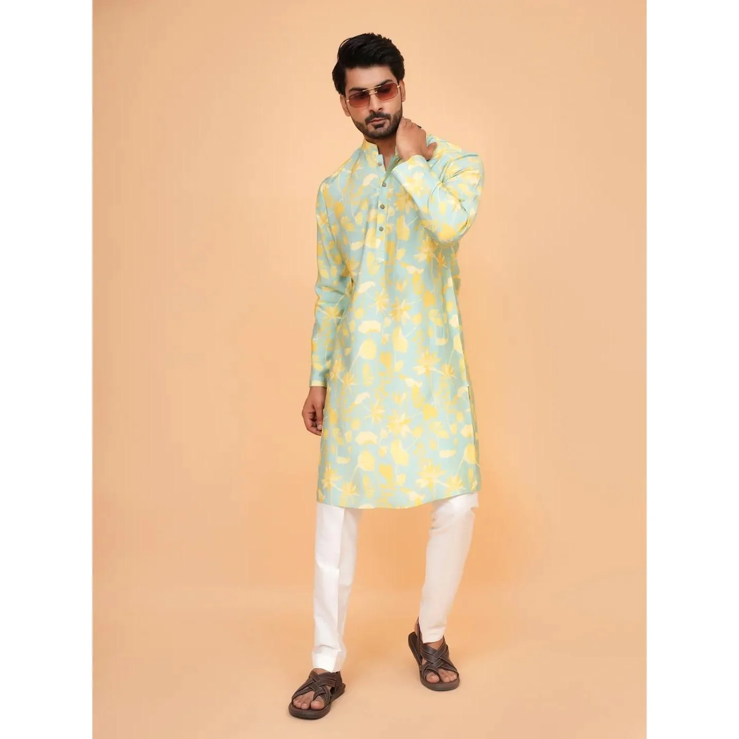 كورتا فاردها مطبوعة رقمية عادية الماندرين طويلة مناسبة لجميع المناسبات مثل ملابس الزفاف الإسلامية للرجال