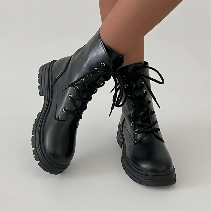 Women's Shoes 2024 Hot on Sale Lace Up Women's Boots Autumn Round Toe Solid Short Barrel Platform Water Proof Fashion Boots