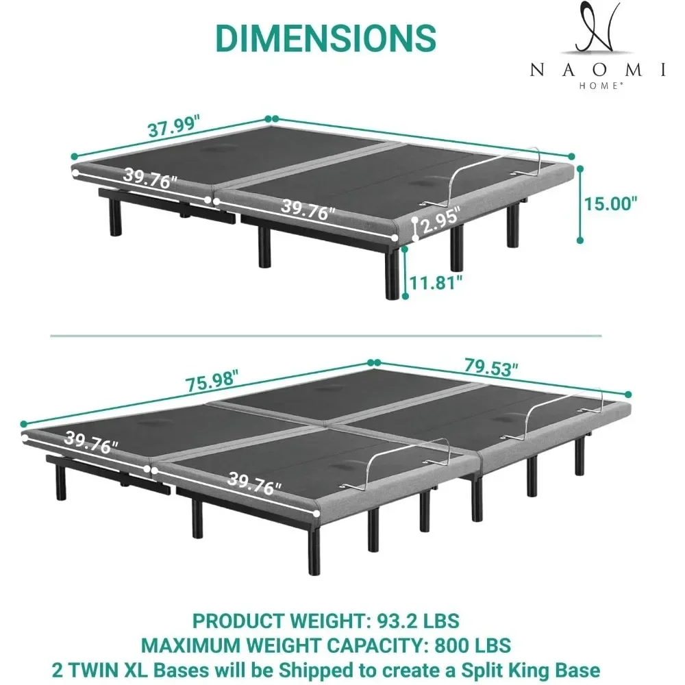 Bed Frame with Lumbar Support & Head Tilt, Foot Incline, Back & Leg Massage, USB Ports, Massage Bed with Wireless Remote