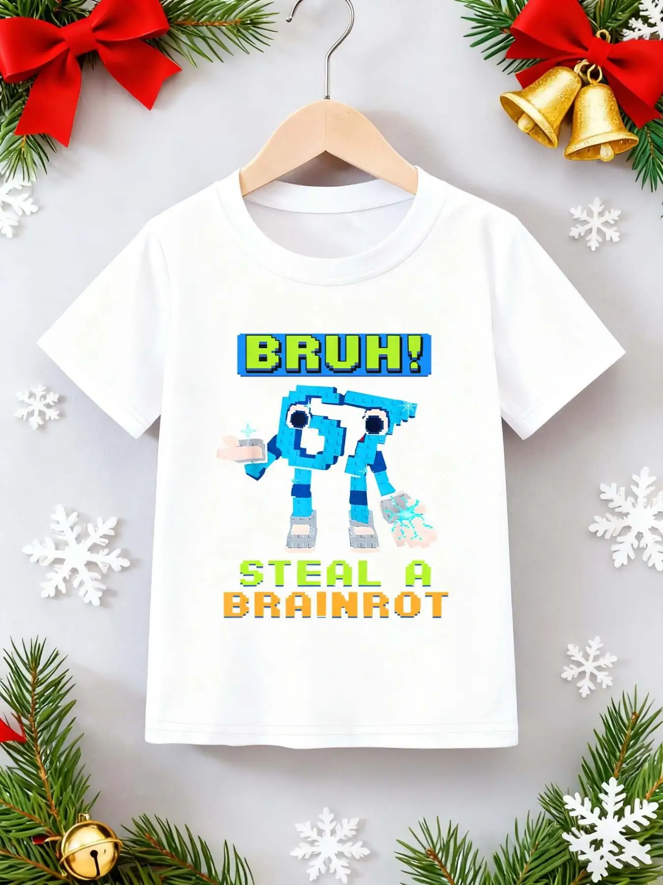 Fun Robot Six Seven” Pattern Print 1-Piece Casual Sports Short-Sleeved T-Shirt for Boys and Girls with 67 Numbers + English Print Round Neck Short-Sleeved T-Shirt Suitable for Kidsren Aged 4-12 Years Old