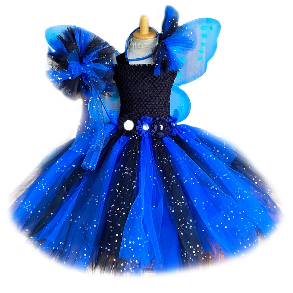 Girls Blue Black Glitter Dress Kids Flower Fairy Tutu Dresses with Wing and Stick Hairbow Set Children Birthday Party Costumes